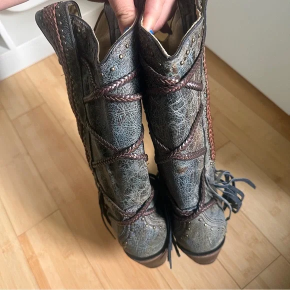 Corral Distressed Gray-Brown Leather Fringe Western Heeled Boots - Picture 3 of 13